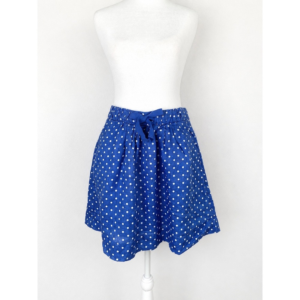 J Crew Boardwalk Polka Dot 100%‎ Linen Skirt 4 Blue White Pockets Elastic Waist